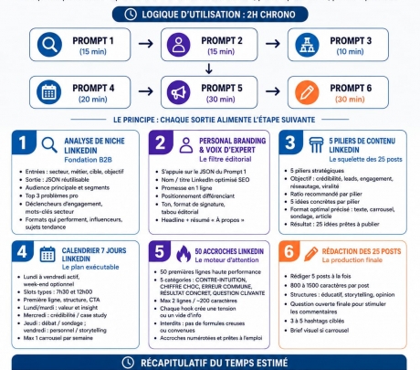 6 prompts Claude AI pour générer 25 contenus Linkedin en 2 heures